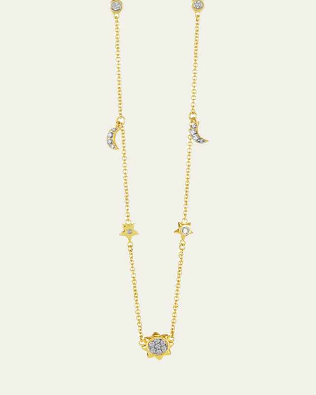 Yellow Gold Cable Chain with Center Diamond Sun, Moon and Star